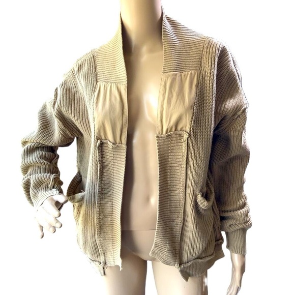 Tan Knit Open Front Long Sleeve Pocketed Slouchy Cardigan Size Medium - Picture 1 of 15